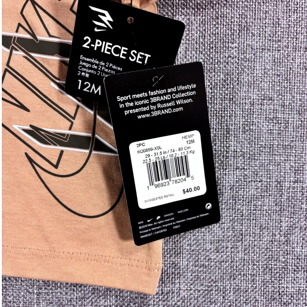 Nike 2-Piece Set 3BRAND Graphic Tee and Bodysuit Hemp Oatmeal Baby Boys Size 12M